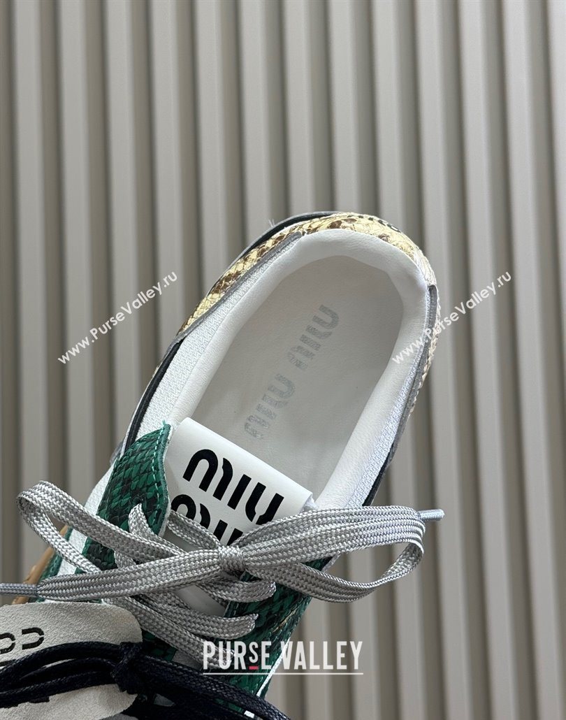 Miu Miu Gymnasium Sneakers in Snakeskin Embossed Leather and Knit Green 2025 (SS-250603117)