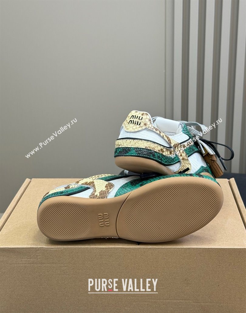 Miu Miu Gymnasium Sneakers in Snakeskin Embossed Leather and Knit Green 2025 (SS-250603117)