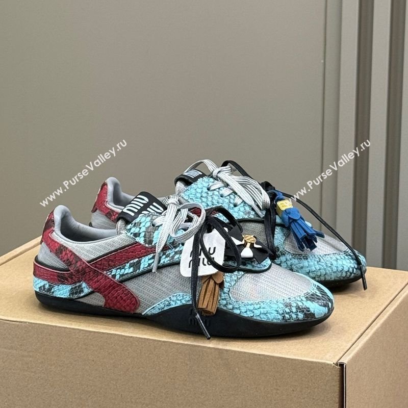 Miu Miu Gymnasium Sneakers in Snakeskin Embossed Leather and Knit Blue 2025 (SS-250603118)