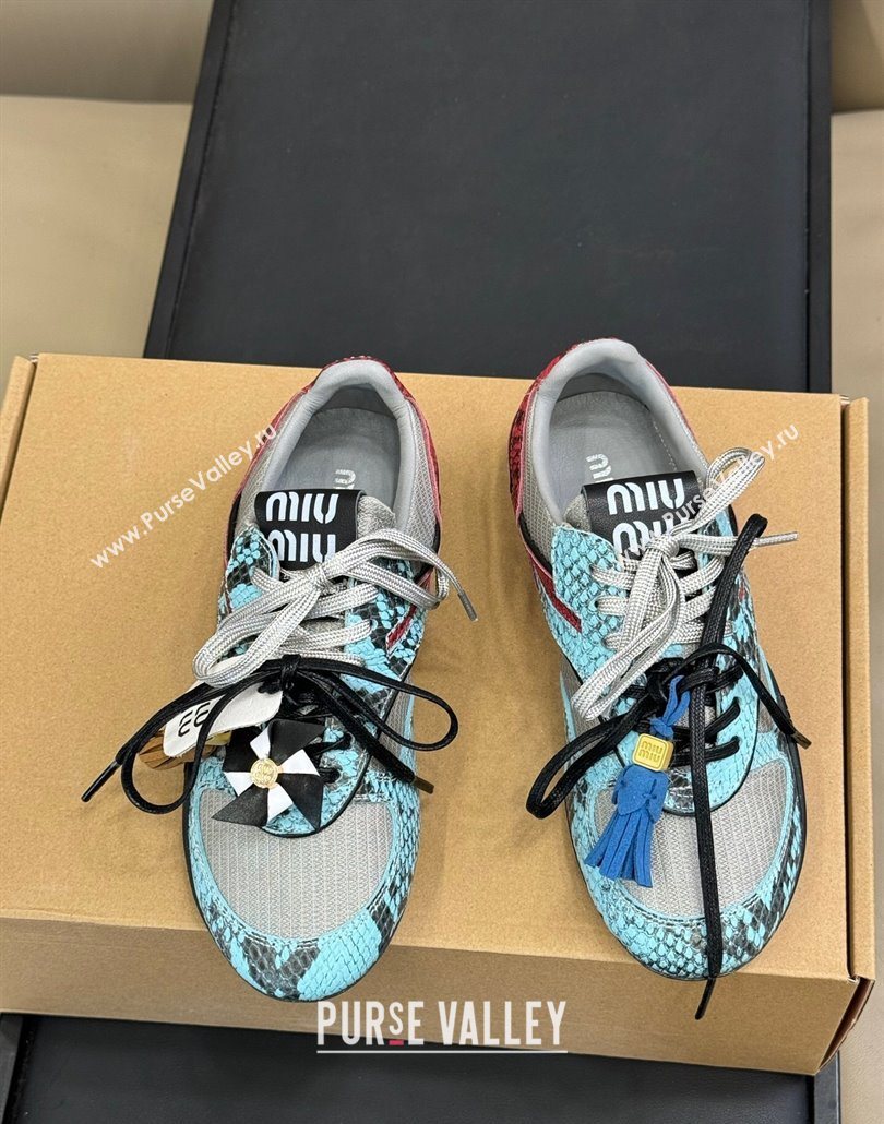 Miu Miu Gymnasium Sneakers in Snakeskin Embossed Leather and Knit Blue 2025 (SS-250603118)