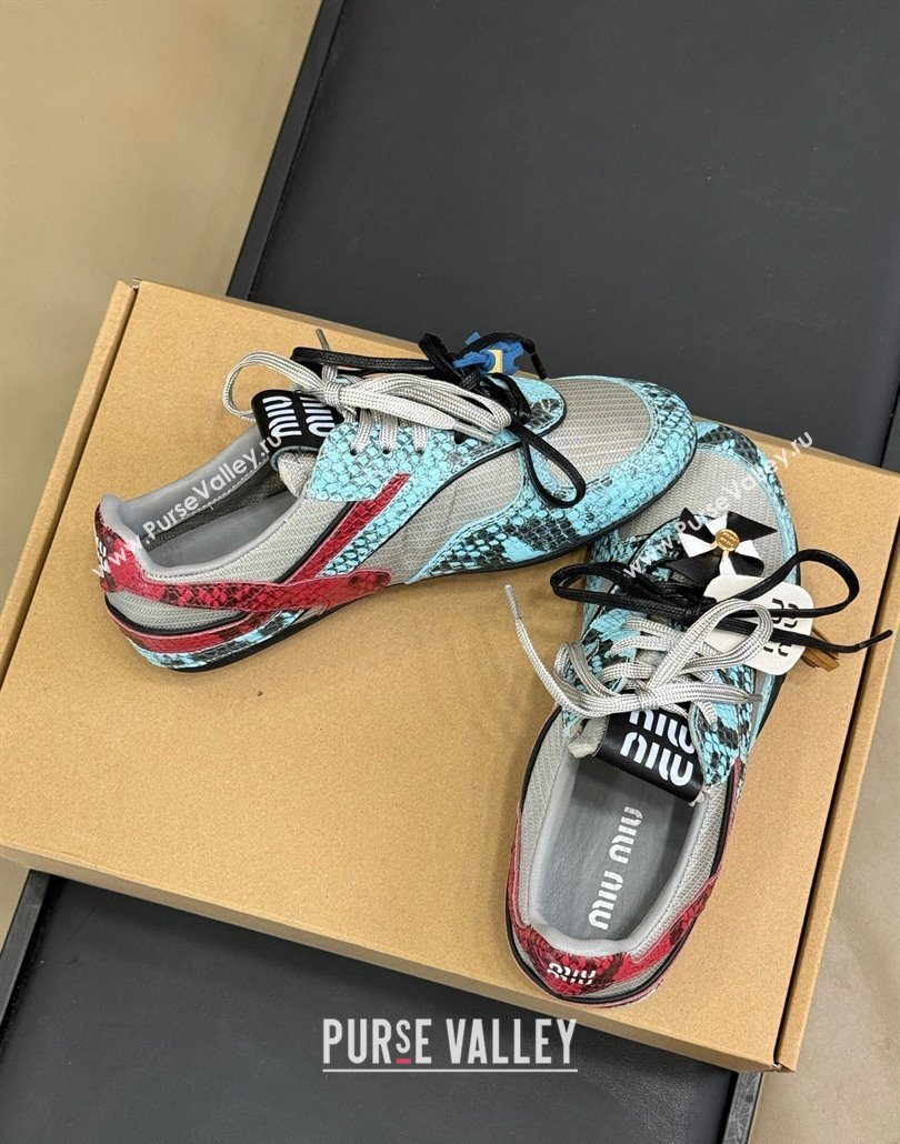 Miu Miu Gymnasium Sneakers in Snakeskin Embossed Leather and Knit Blue 2025 (SS-250603118)