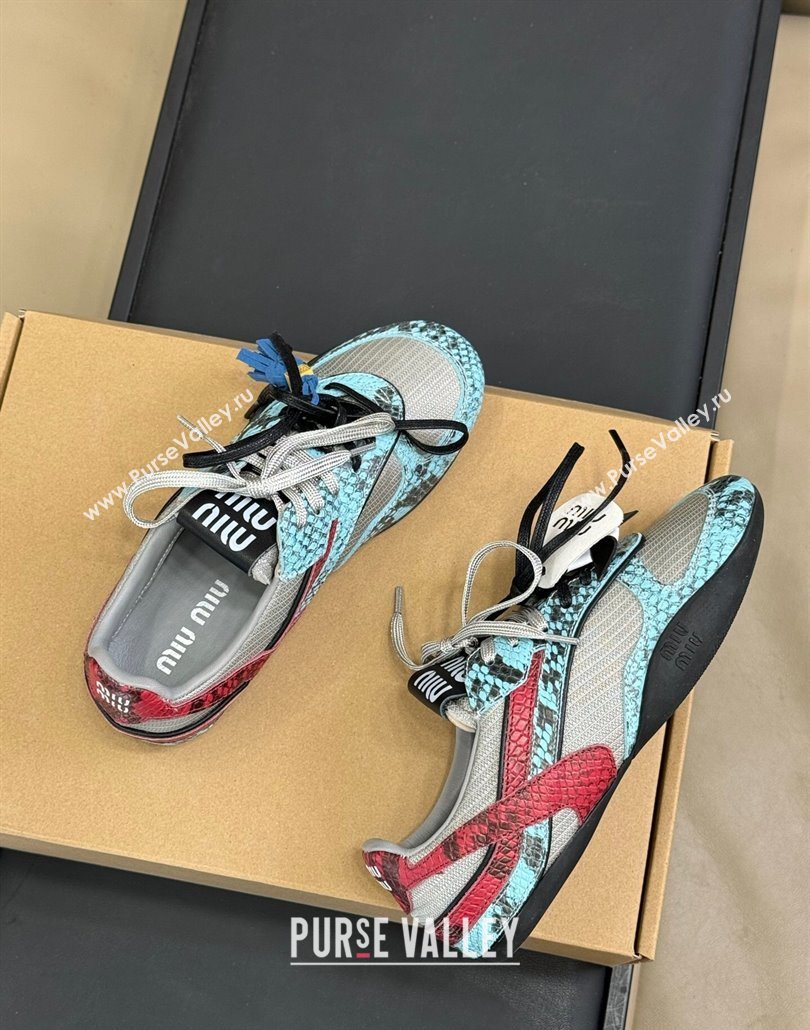 Miu Miu Gymnasium Sneakers in Snakeskin Embossed Leather and Knit Blue 2025 (SS-250603118)