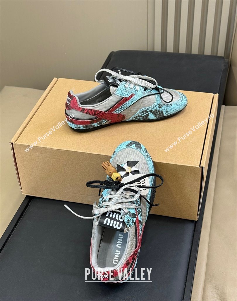 Miu Miu Gymnasium Sneakers in Snakeskin Embossed Leather and Knit Blue 2025 (SS-250603118)