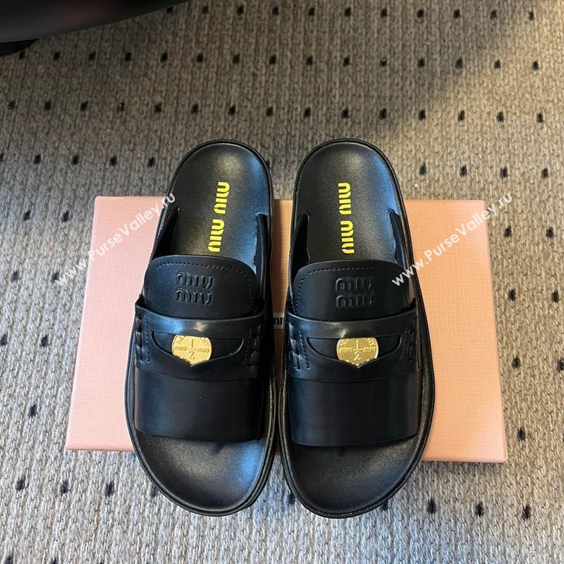 Miu Miu Nappa Leather Coin Flat Slides Sandal Black 2025 MIU060304 (SS-250603149)