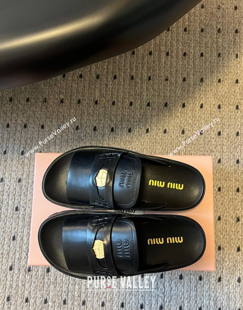 Miu Miu Nappa Leather Coin Flat Slides Sandal Black 2025 MIU060304 (SS-250603149)