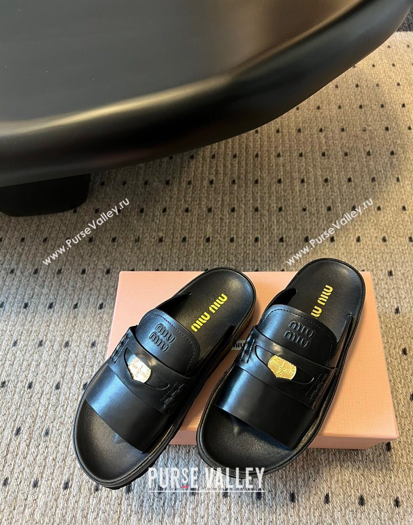 Miu Miu Nappa Leather Coin Flat Slides Sandal Black 2025 MIU060304 (SS-250603149)