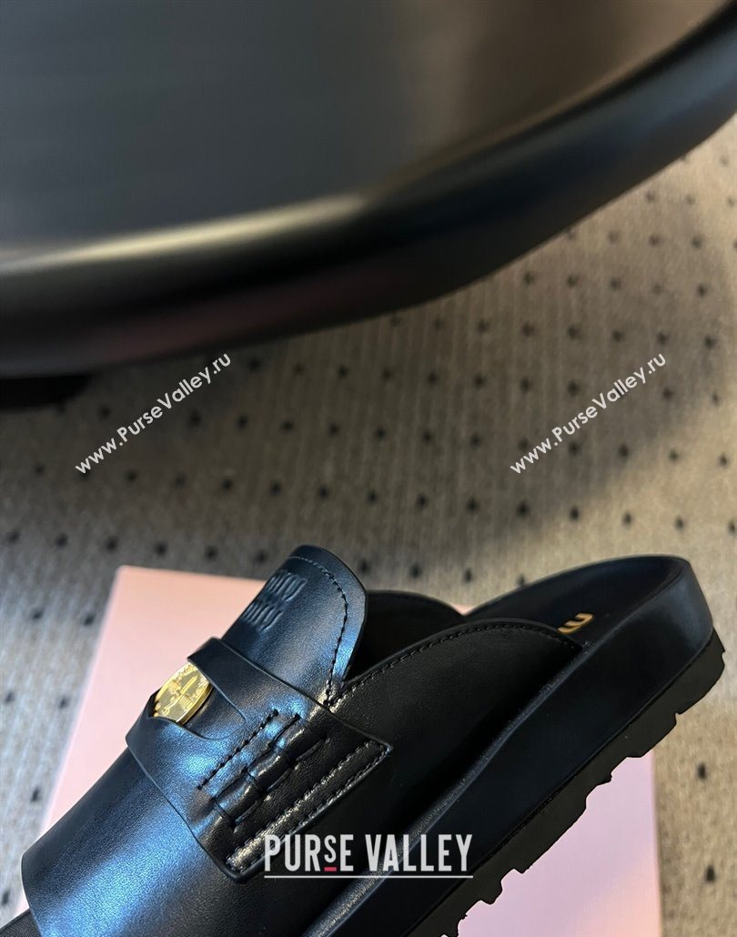 Miu Miu Nappa Leather Coin Flat Slides Sandal Black 2025 MIU060304 (SS-250603149)
