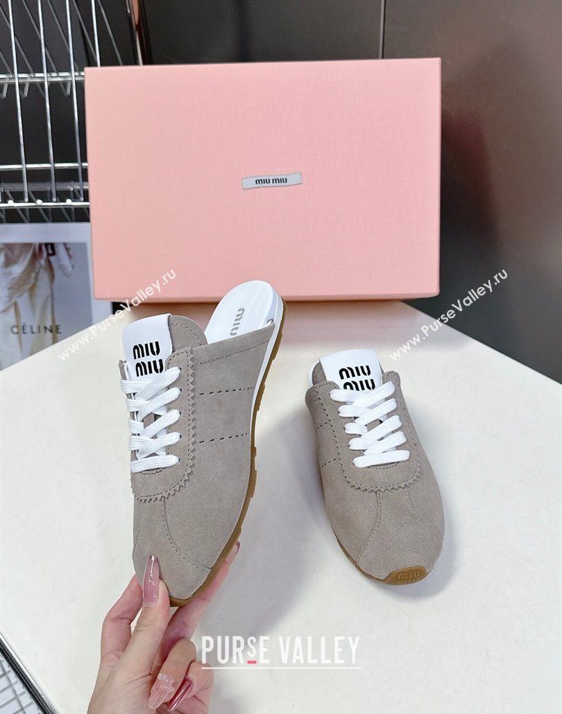 Miu Miu Plumet Suede Flat Sneaker Mules Grey2 2025 MIU060303 (MD-250603106)
