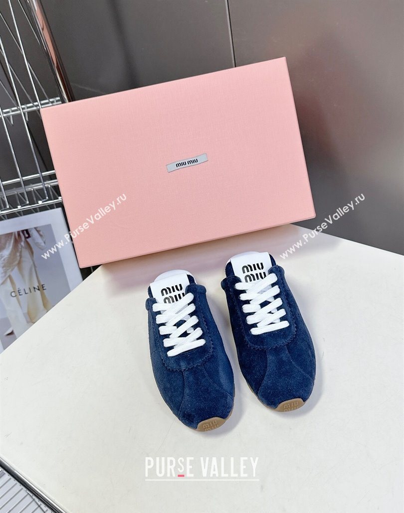 Miu Miu Plumet Suede Flat Sneaker Mules Dark Blue 2025 MIU060303 (MD-250603109)