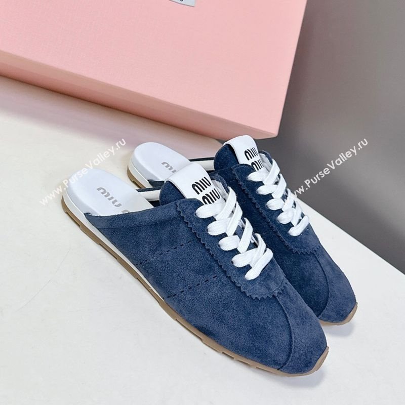 Miu Miu Plumet Suede Flat Sneaker Mules Dark Blue 2025 MIU060303 (MD-250603109)