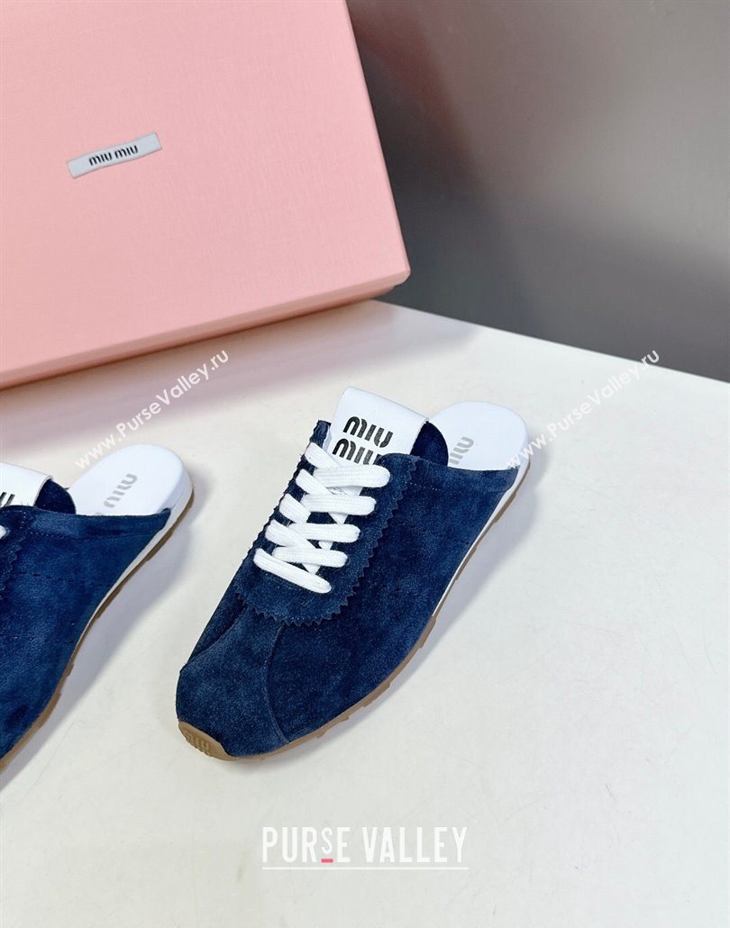 Miu Miu Plumet Suede Flat Sneaker Mules Dark Blue 2025 MIU060303 (MD-250603109)