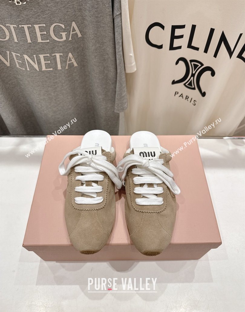 Miu Miu Plumet Suede Flat Sneaker Mules Beige 2025 MIU060303 (MD-250603112)