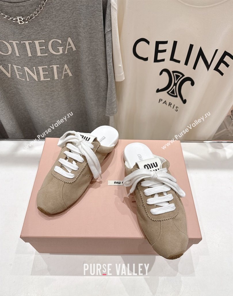 Miu Miu Plumet Suede Flat Sneaker Mules Beige 2025 MIU060303 (MD-250603112)