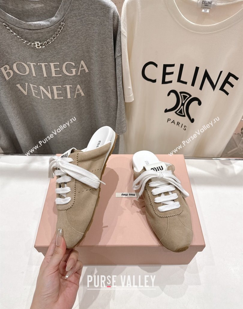 Miu Miu Plumet Suede Flat Sneaker Mules Beige 2025 MIU060303 (MD-250603112)