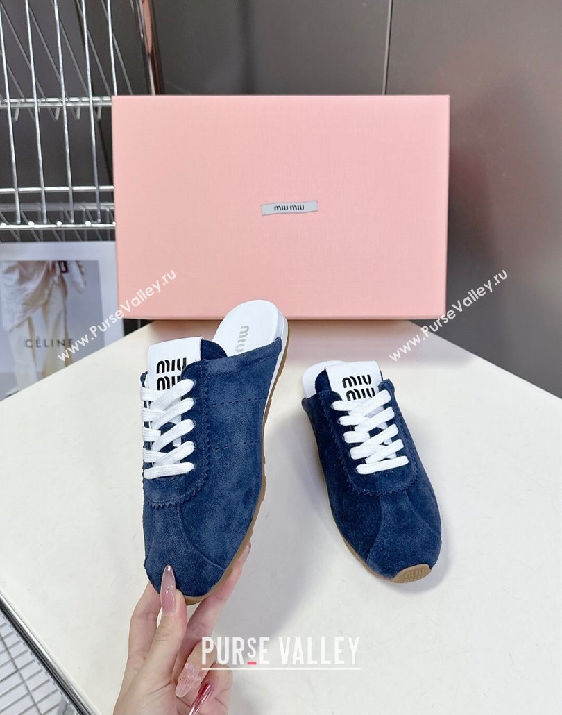 Miu Miu Plumet Suede Flat Sneaker Mules Dark Blue 2025 MIU060303 (MD-250603109)