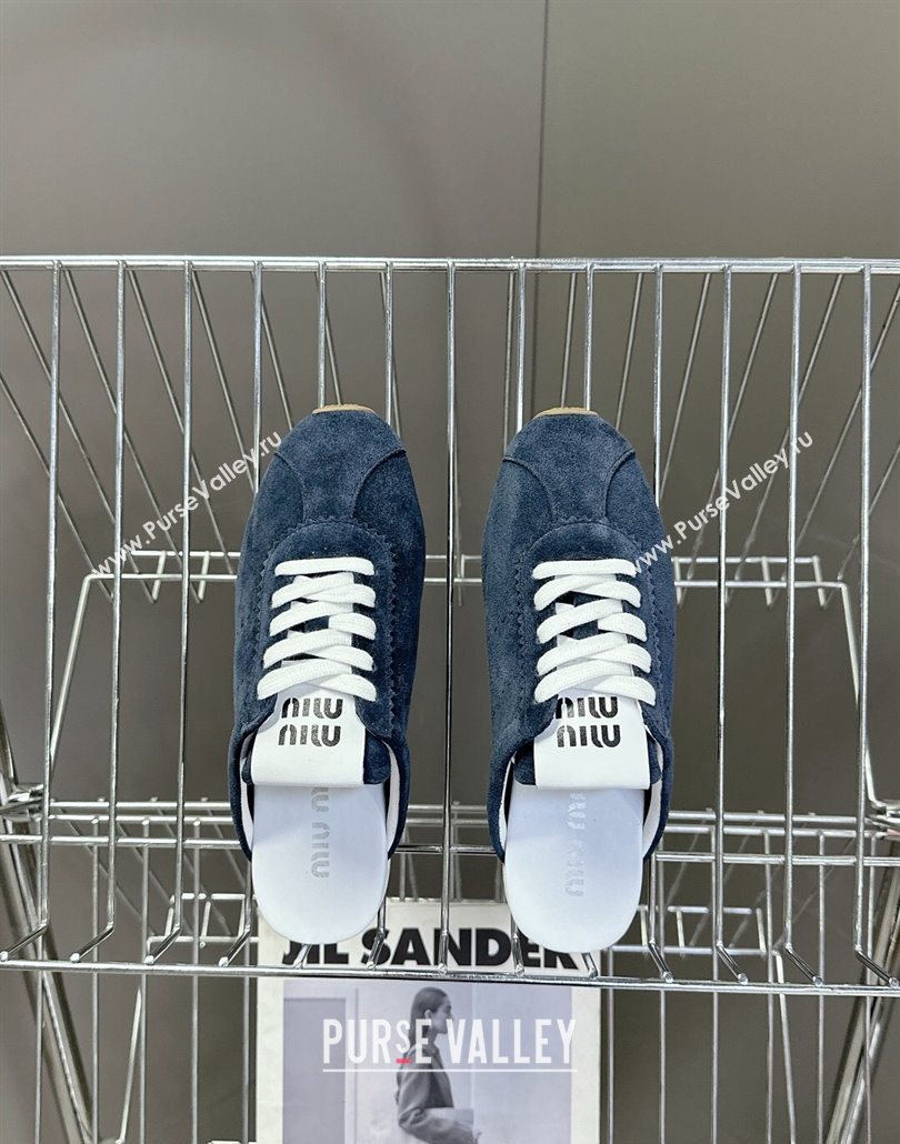 Miu Miu Plumet Suede Flat Sneaker Mules Dark Blue 2025 MIU060303 (MD-250603109)