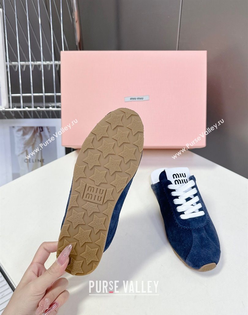 Miu Miu Plumet Suede Flat Sneaker Mules Dark Blue 2025 MIU060303 (MD-250603109)