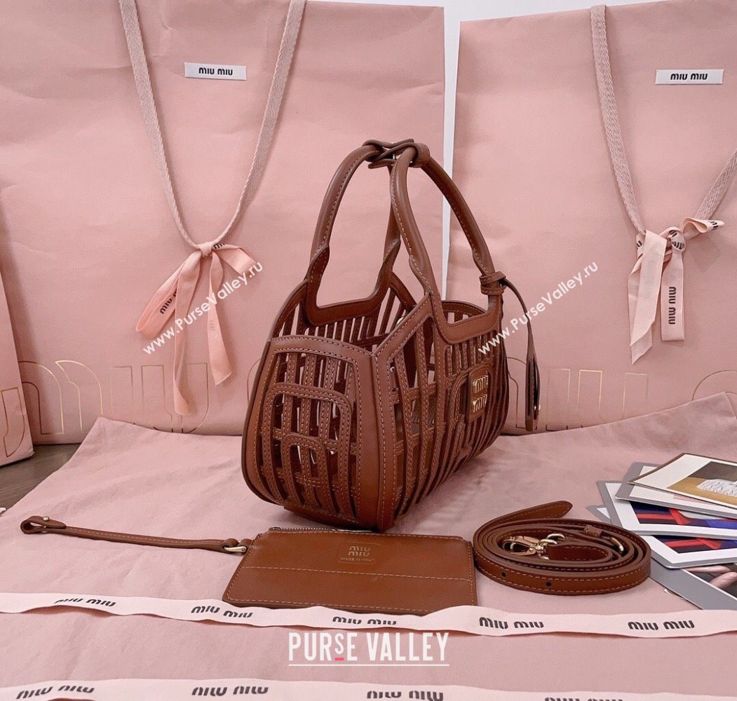 Miu Miu Leather Basket bag Cognac Brown 2025 5BA294 (JD-250626065)