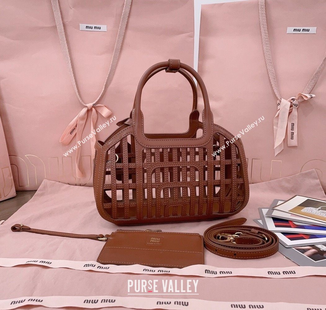 Miu Miu Leather Basket bag Cognac Brown 2025 5BA294 (JD-250626065)