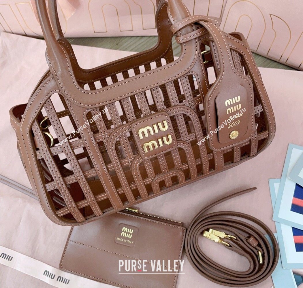 Miu Miu Leather Basket bag Cognac Brown 2025 5BA294 (JD-250626065)