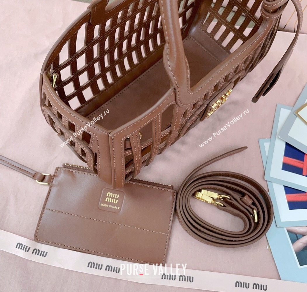 Miu Miu Leather Basket bag Cognac Brown 2025 5BA294 (JD-250626065)