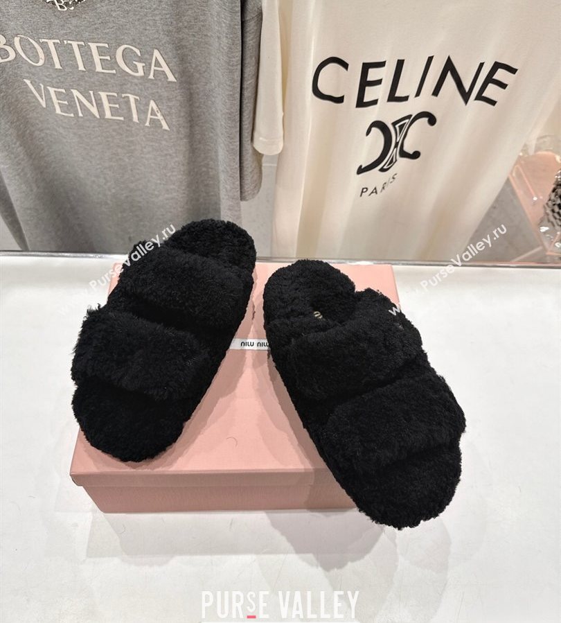 Miu Miu Shearling Strap Flat Slides Sandal Black 2025 MIU071001 (MD-250710085)