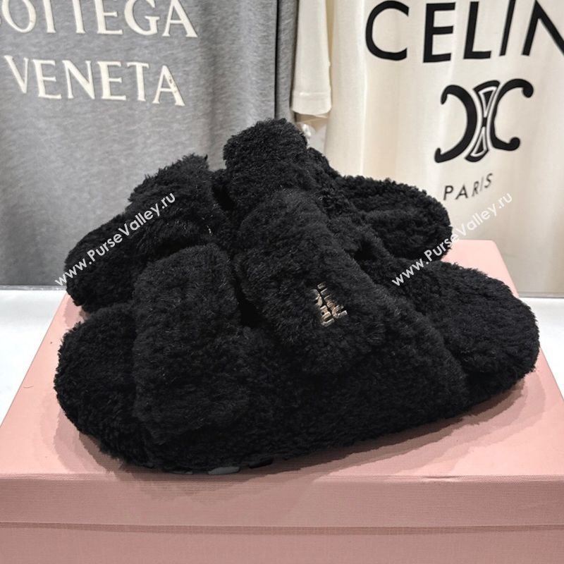 Miu Miu Shearling Strap Flat Slides Sandal Black 2025 MIU071001 (MD-250710085)