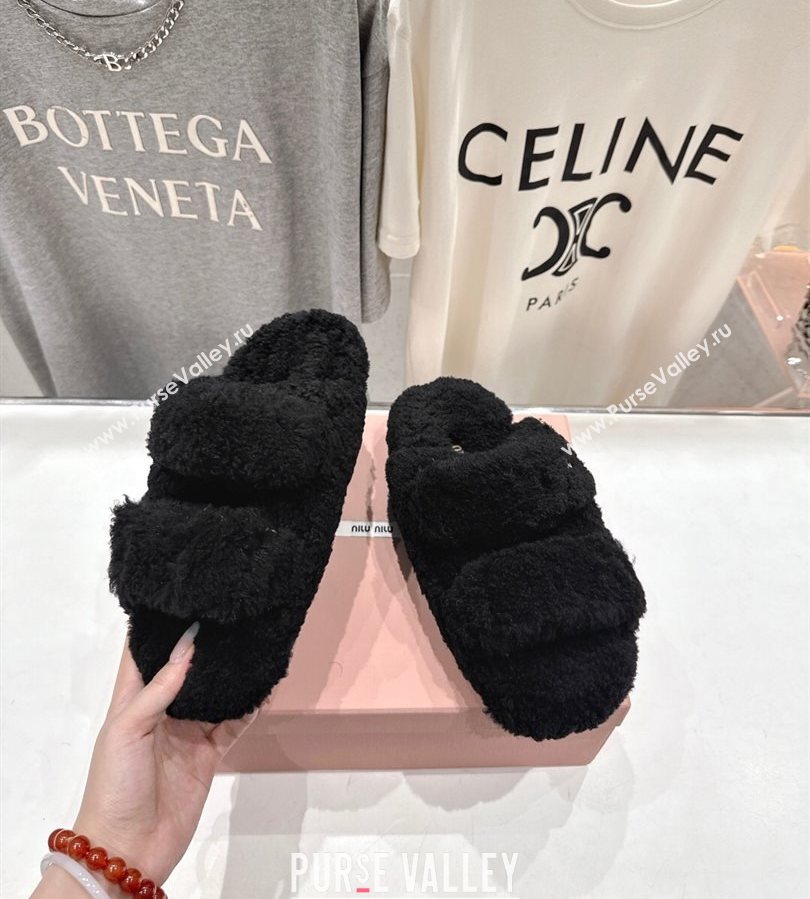 Miu Miu Shearling Strap Flat Slides Sandal Black 2025 MIU071001 (MD-250710085)