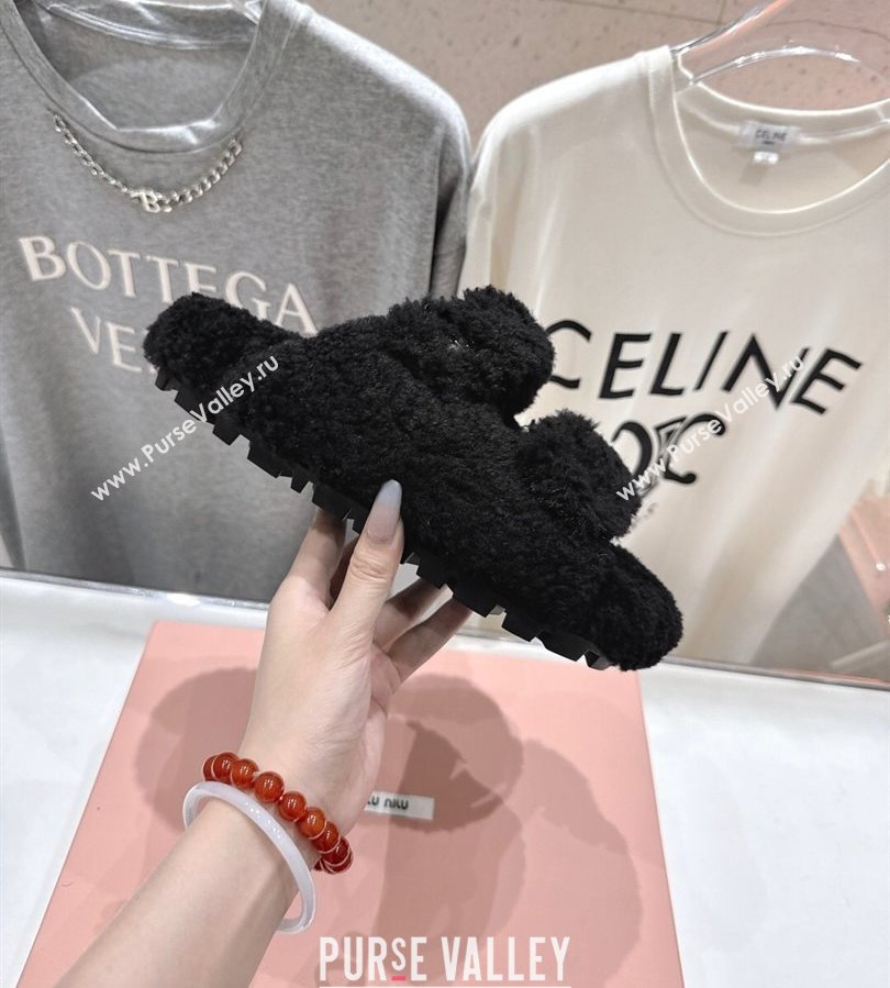 Miu Miu Shearling Strap Flat Slides Sandal Black 2025 MIU071001 (MD-250710085)