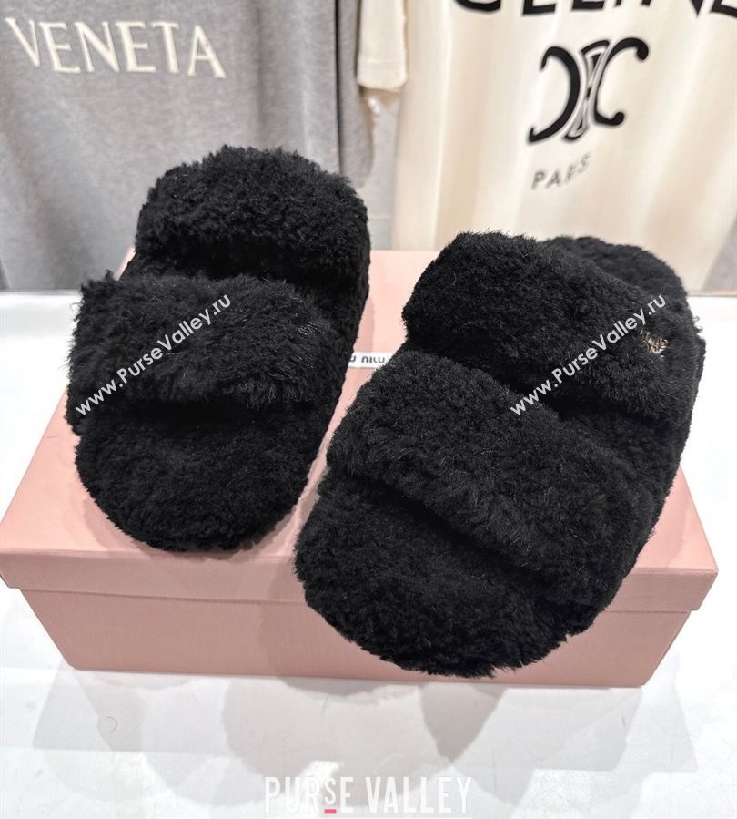 Miu Miu Shearling Strap Flat Slides Sandal Black 2025 MIU071001 (MD-250710085)