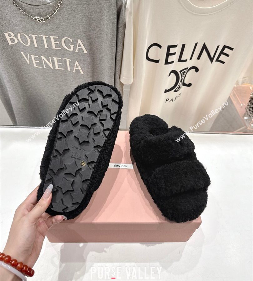 Miu Miu Shearling Strap Flat Slides Sandal Black 2025 MIU071001 (MD-250710085)