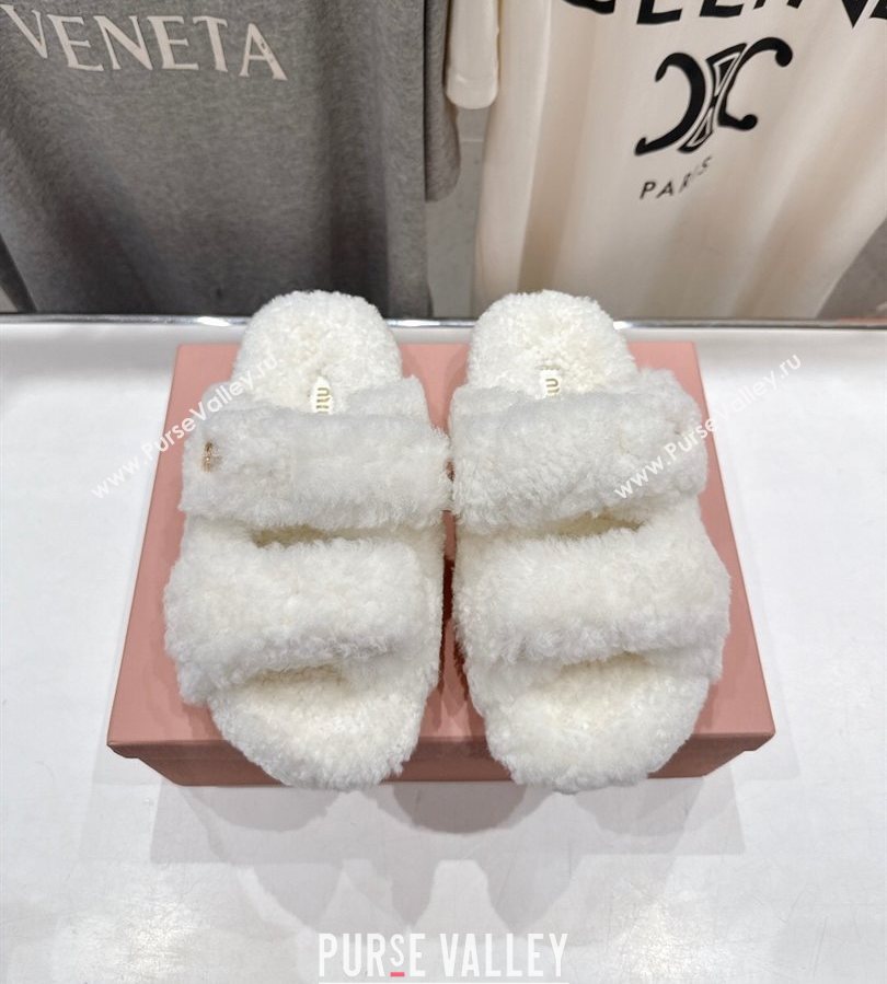 Miu Miu Shearling Strap Flat Slides Sandal White 2025 MIU071001 (MD-250710086)