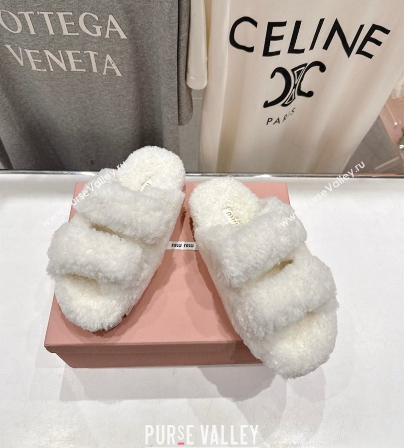 Miu Miu Shearling Strap Flat Slides Sandal White 2025 MIU071001 (MD-250710086)