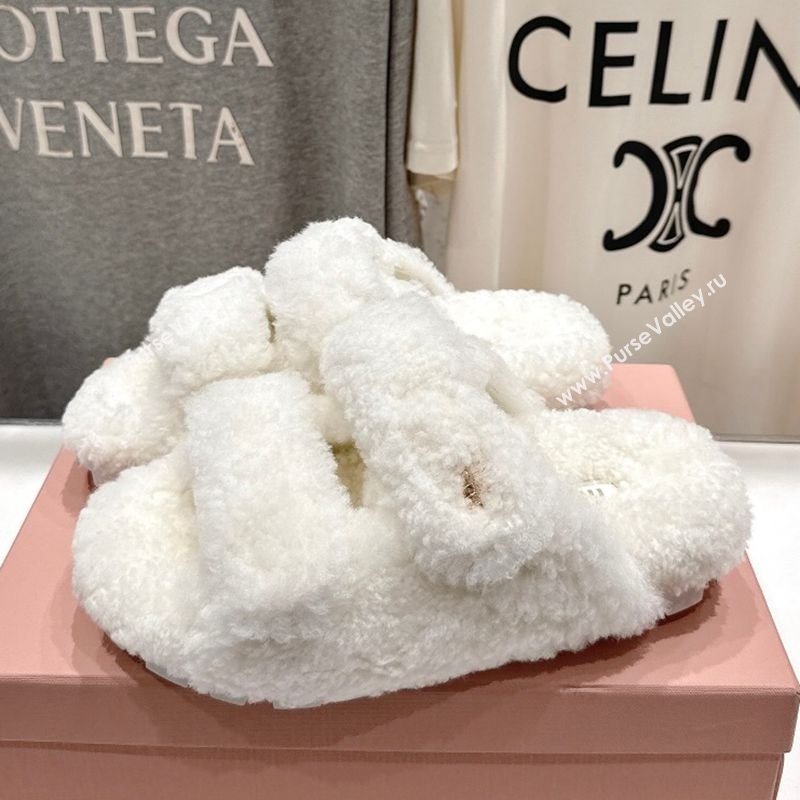 Miu Miu Shearling Strap Flat Slides Sandal White 2025 MIU071001 (MD-250710086)