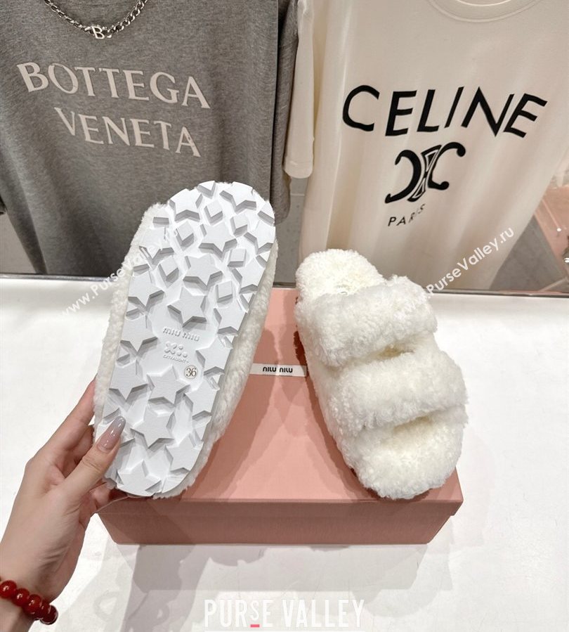 Miu Miu Shearling Strap Flat Slides Sandal White 2025 MIU071001 (MD-250710086)