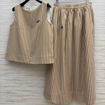 Miu Miu Plaid Vest and A-Shaped Skirt Brown/White 2025 (QI-250729075)