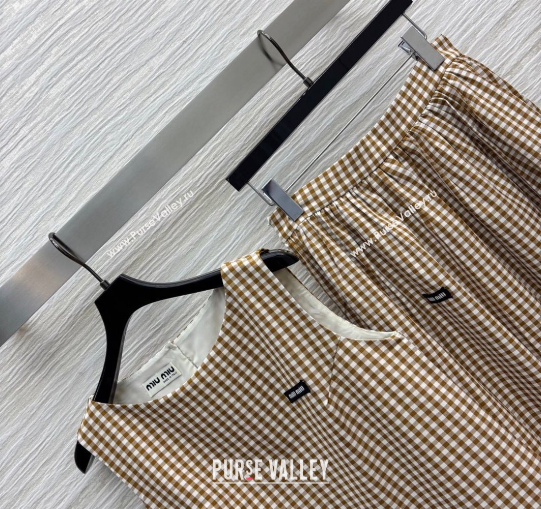 Miu Miu Plaid Vest and A-Shaped Skirt Brown/White 2025 (QI-250729075)