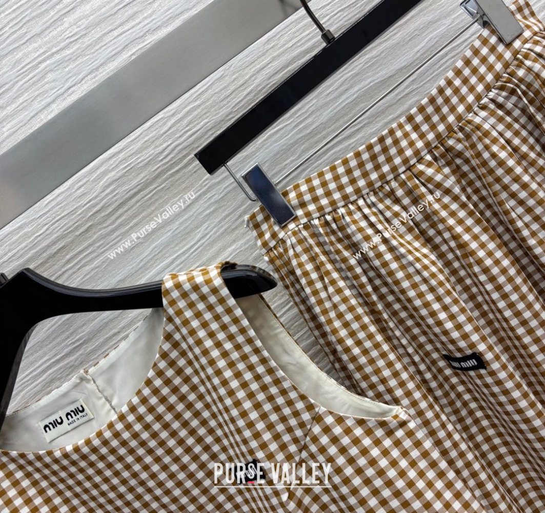 Miu Miu Plaid Vest and A-Shaped Skirt Brown/White 2025 (QI-250729075)