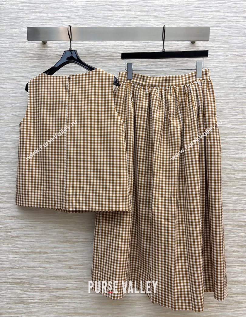 Miu Miu Plaid Vest and A-Shaped Skirt Brown/White 2025 (QI-250729075)