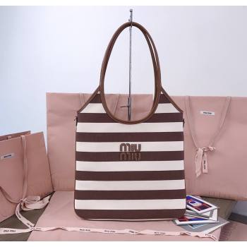 Miu Miu IVY Striped Canvas and Leather Tote Bag White/Brown 2025 5BG231 (JD-250805031)