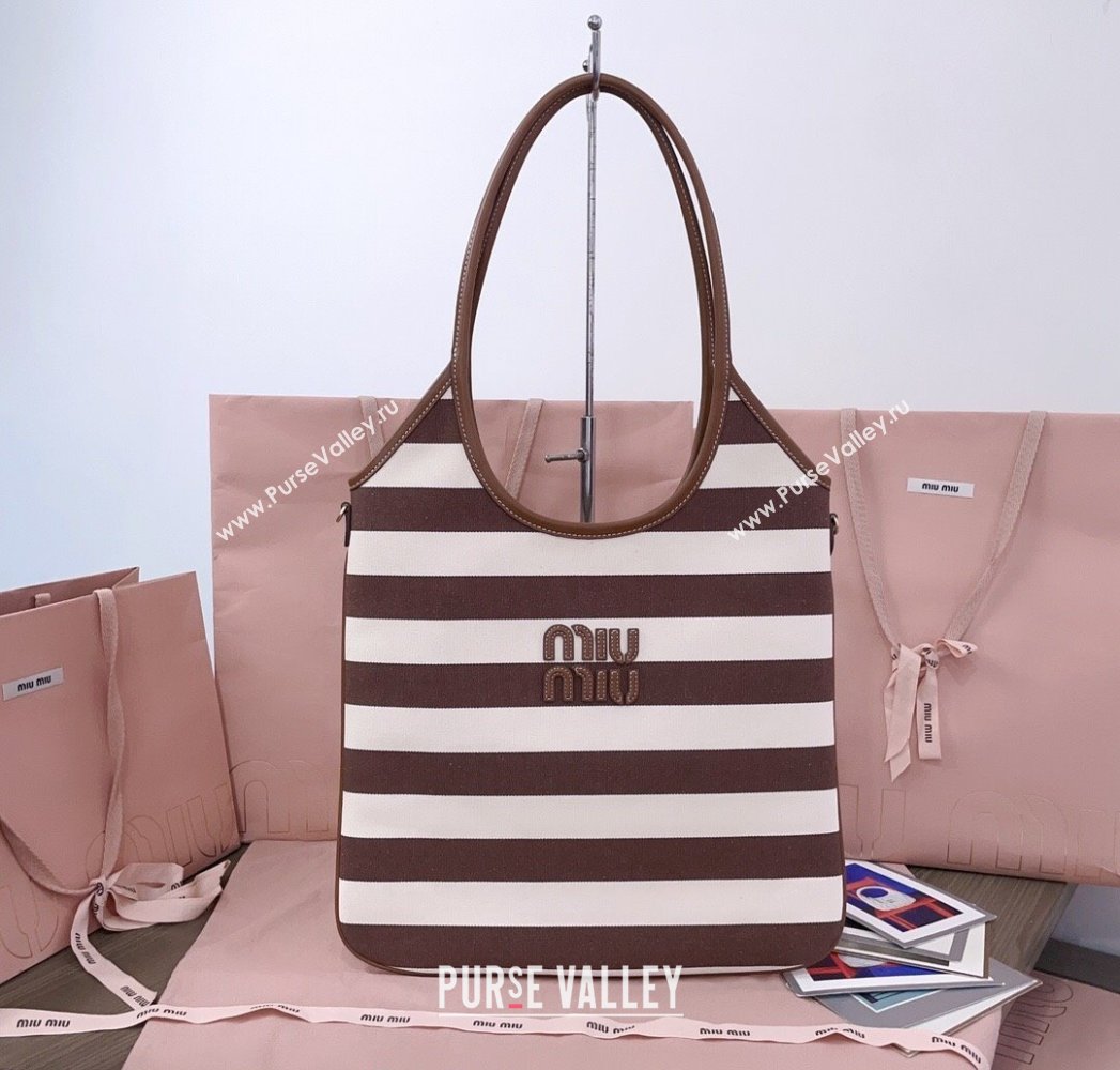 Miu Miu IVY Striped Canvas and Leather Tote Bag White/Brown 2025 5BG231 (JD-250805031)