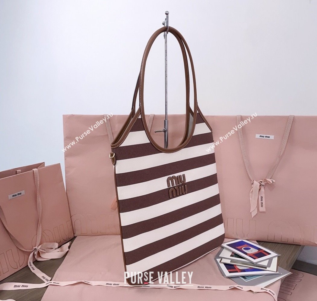 Miu Miu IVY Striped Canvas and Leather Tote Bag White/Brown 2025 5BG231 (JD-250805031)