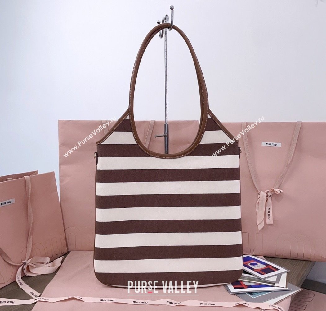 Miu Miu IVY Striped Canvas and Leather Tote Bag White/Brown 2025 5BG231 (JD-250805031)