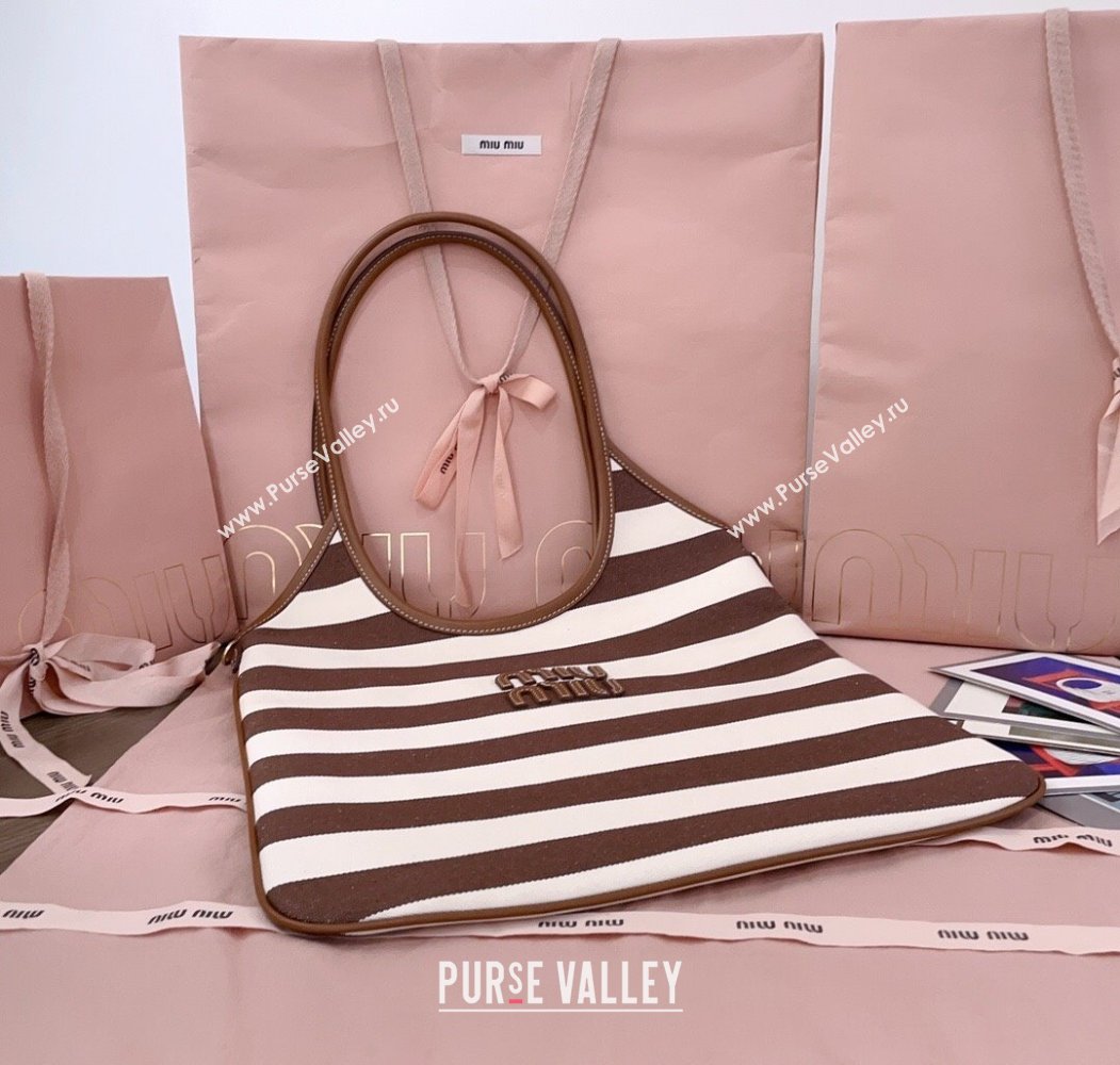 Miu Miu IVY Striped Canvas and Leather Tote Bag White/Brown 2025 5BG231 (JD-250805031)