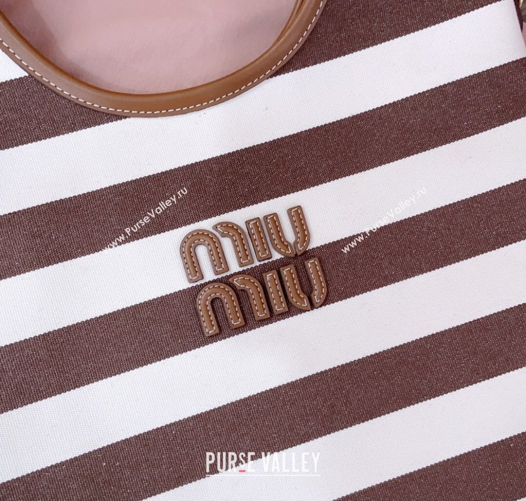 Miu Miu IVY Striped Canvas and Leather Tote Bag White/Brown 2025 5BG231 (JD-250805031)