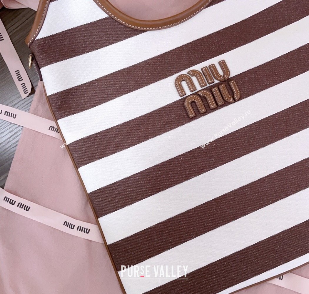 Miu Miu IVY Striped Canvas and Leather Tote Bag White/Brown 2025 5BG231 (JD-250805031)
