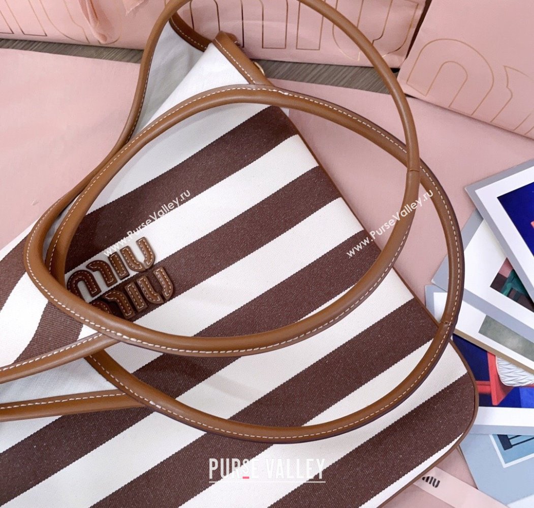 Miu Miu IVY Striped Canvas and Leather Tote Bag White/Brown 2025 5BG231 (JD-250805031)
