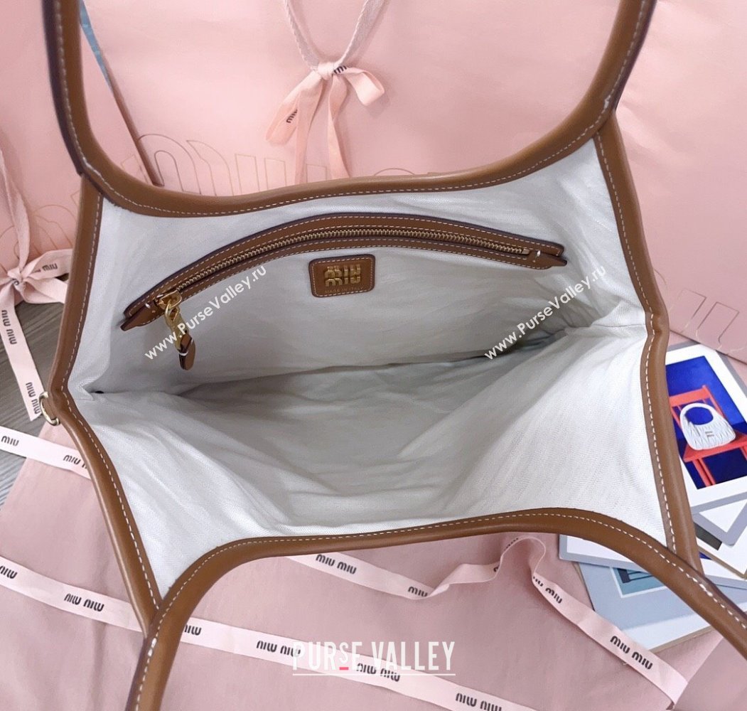 Miu Miu IVY Striped Canvas and Leather Tote Bag White/Brown 2025 5BG231 (JD-250805031)