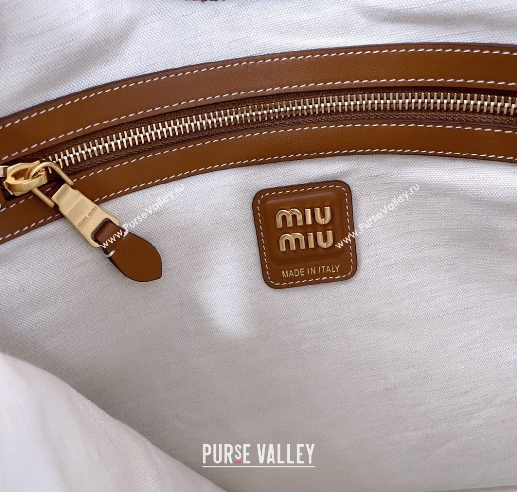 Miu Miu IVY Striped Canvas and Leather Tote Bag White/Brown 2025 5BG231 (JD-250805031)