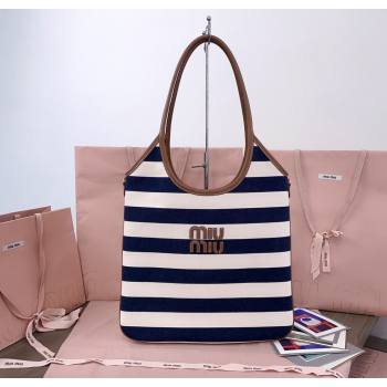 Miu Miu IVY Striped Canvas and Leather Tote Bag White/Blue 2025 5BG231 (JD-250805030)